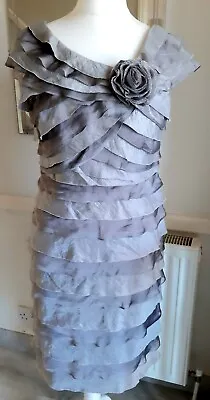 London Times Size 14 Grey Silver Raw Edge Ruffle Dress Cruise Wedding • £11.99