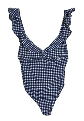 J Crew Bathing Suit Womens 12 Blue White One Piece Check Ruffle Strap Swim Beach • $44.95