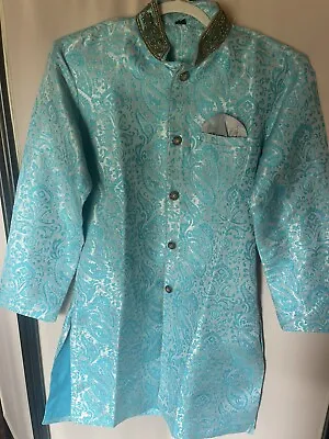 Men’s Torquoise Blue Brocade Sherwani Size 40 Punjab Style Prom Wedding Formal • $199.99