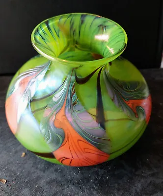 OKRA IREDESCENT Fantasia Squat Vase--GREEN AND ORANGE-HIGHT 4 /WIDTH 4 & HALF  • £44.99