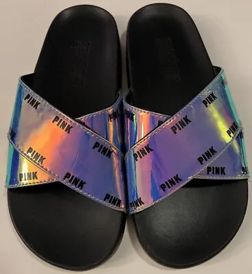 Victoria Secret Pink  SILVER HOLOGRAM CRISS CROSS SLIDES SANDALS • $28