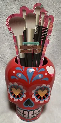 NEW Day Of The Dead Red Ceramic Sugar Skull Makeup Brush / Pen / Pencil Holder • $17.99