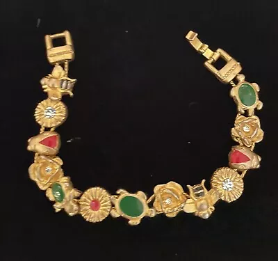 Vtg Victorian Style Gold Tone Slide Bracelet Rose Bee Frog Ladybug Turtle Flower • $32