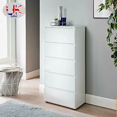 £80.80 • Buy High Gloss White 5 Chest Of Drawer Tall Cabinet Handle Less Bedroom Furniture