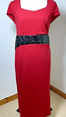 Magisculpt Pencil Dress MIDI Red Black Size 16 Faux Leather Belt Slimming Fitted • £14.95
