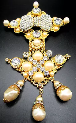 LAWRENCE VRBA 6.5  Sparkling Ice Rhinestone Faux Pearl Medal Badge Pin Brooch • $499.99