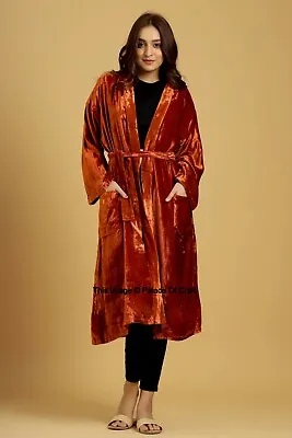 £44.39 • Buy Rust Plain Soft Crushed Velvet Bathrobe Indian Handmade Nightwear Lingerie Gown