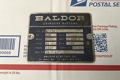 Vintage Baldor Bench Grinder 8107W Brass Nameplate Machine Tag Label USA 8” • $75