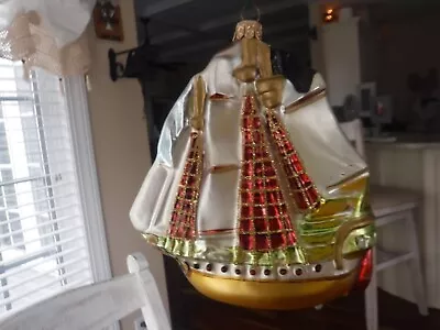 Vtg Kurt Adler Polonaise Sailing Ship Hand-Blown Glass Ornament W/box Nautica • $25