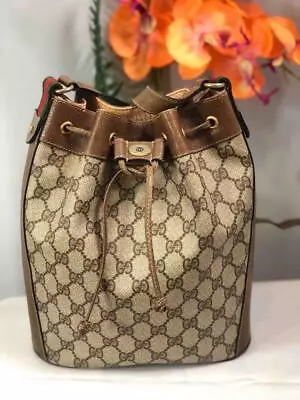 Vintage GUCCI GG Monogram Brown Beige Drawstring Bucket Bag • $719.99