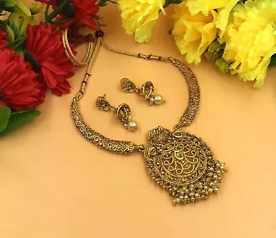 Gold Plated Jhumka Earrings Indian Bollywood Choker Necklace Set Bridal Jewelry • $21.26