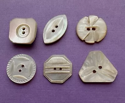 6 Vintage Lustrous Mother Of Pearl Buttons; Carved Designs & Various Shapes • $7.50