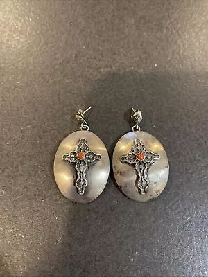 Vintage Navajo Sterling Silver Coral Cross Dangle Post Earrings • $85