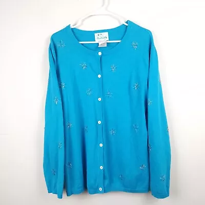 Quacker Factory Cardigan Womens Large Blue Snowflake Winter Sweater Beaded Spot* • $19.99