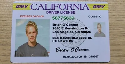 Brian O'Conner Fast And Furious Novelty License • $6.50