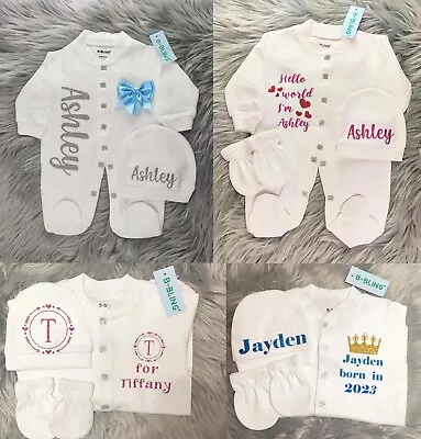 £21.99 • Buy PERSONALIZED Baby Hospital Set Feet Sleepsuit Babygrow Hat Bib & Gloves Set