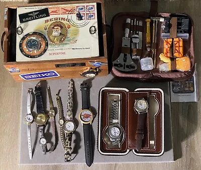 9 Vintage Watch Lot-Tag-Seiko-Time-Watch/Zippo Repair Kit & 2 Watch Boxes Swiss • $99