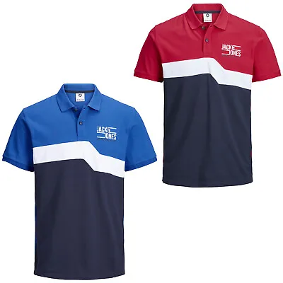 £8.98 • Buy Jack & Jones Core Polo Shirt Mens Chest Print Logo Colour Block Tee JCOMikkel