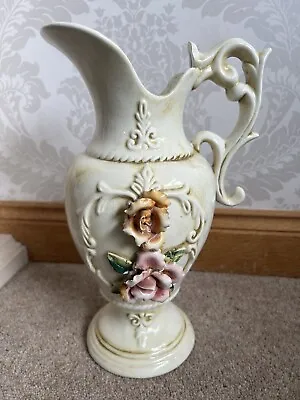 Vintage Italian Capodimonte Pitcher Ewer/ Vase Floral Rose Porcelain Collectibl • £29.99