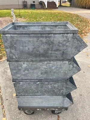 Vintage Lot Of 4  Galvanized Industrial Storage Stacking Bins With Roller Tray • $300