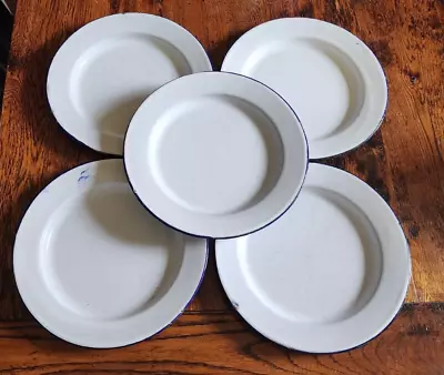 5 Vintage Enamelware Dessert Salad Plates Blue White Camping Retro 7  Unmarked • $15