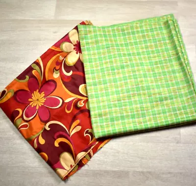 Groovy Fabric Remnant Lot Of 2 Plaid 70s Polyester + Y2K '04 Mod Floral • $15.32