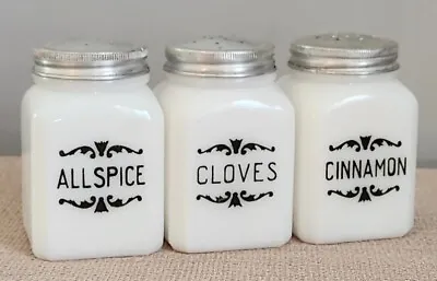 Lot Of 3 Vintage Milk Glass Spice Jars Shakers W/ Lids ~ All Spice Cloves Cinn • $19.95