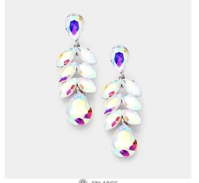 1.75” Long Silver Clear Aurora Borealis AB Austrian Crystal Pageant Earrings • $13
