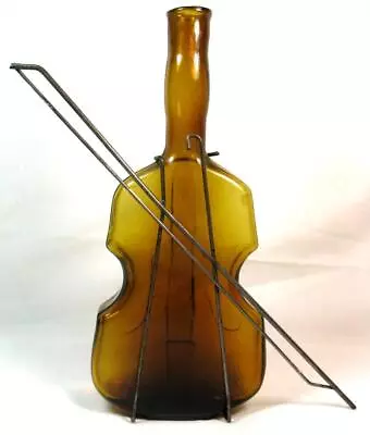 Vintage Amber Glass Violin Bottle And Metal Bow Hanger ~ Root Starter • $33