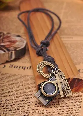 N215 Brown COOL Biker Camera Pendant Leather Cord Long Necklace Men's NEW • £4.19