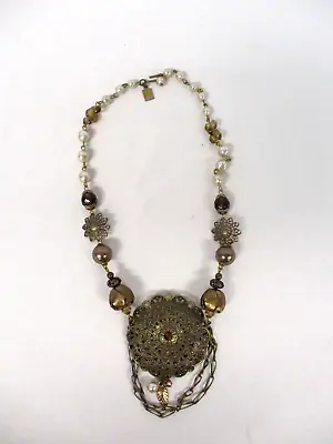 Desert Heart Gold Tone Filigree Medallion Faux Pearl & Smokey Crystal Necklace • $20