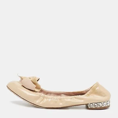 Miu Miu Beige/Gold Patent Bow Crystal Embellished Scrunch Ballet Flats • $101.85