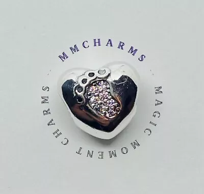 NEW BABY GIRL - PINK FOOTPRINT European Heart Charm & Gift Pouch - Silver S925 • £9.25