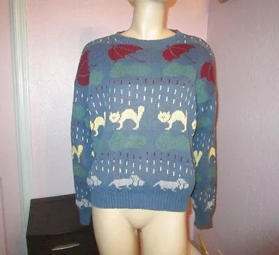 Vintage WOOLRICH Raining CATS & DOGS Sweater Size M OVERSIZED Fair Isle USA Made • $24.77