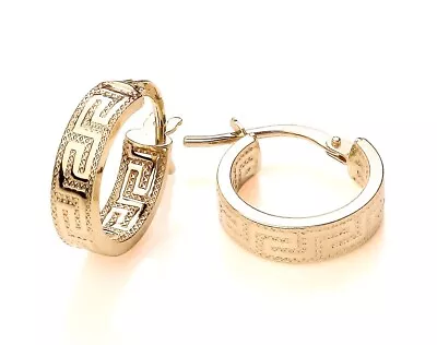 9ct Yellow Gold Greek Key Patterned Chunky Hoop Huggie Earrings • £59.95