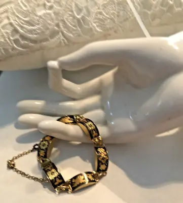 Vintage Cloisonne Bracelet Black & Gold Paneled Birds Flowers Safety Chain 6.5  • $18