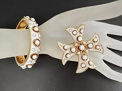 Crown Trifari White Enamel Milk Glass Cabochon Maltese Cross Brooch & Bracelet • $299.99