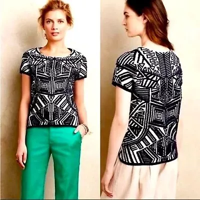 Anthropologie Moth Dahlia Tribal Short Sleeve Knit Sweater Women's Size Medium • $25.50