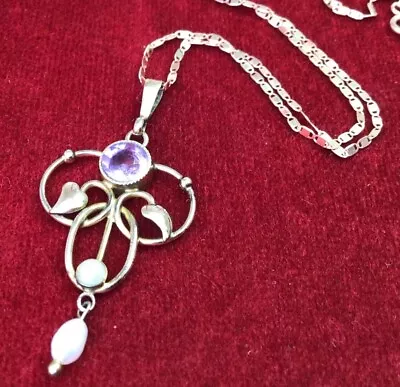 Vintage Edwardian Jewellery Delightful Amethyst & Pearl Drop Pendant & Chain • £66.50