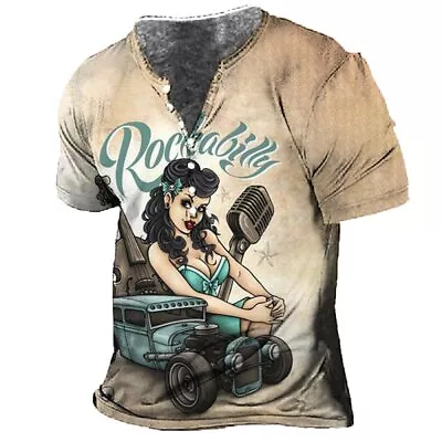 $15.95 • Buy Rockabilly Henley V-Neck T-Shirt Vintage Pin Up Hot Rod Rock Roll Hotrod Car Tee