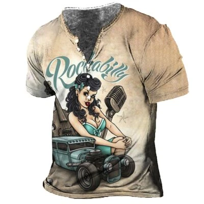 $15.95 • Buy Rockabilly Henley V-Neck T-Shirt Vintage Pin Up Hot Rod Rock Roll Hotrod Car Tee