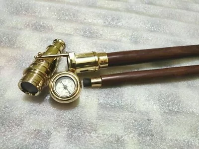 Antique Brass HIDDEN TELESCOPE Wooden Walking Stick Vintage Canes With Clock New • $36.05