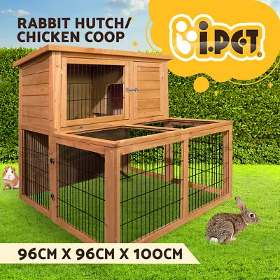 I.Pet Chicken Coop Rabbit Hutch Large Run Wooden Pet Cage Outdoor Bunny House • $127.95
