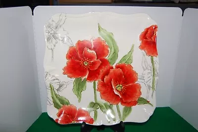 Maxcera Red Poppy Hand Painted Porcelain 11.5  Square Dinner Plates Set Of 6 NEW • $71.99