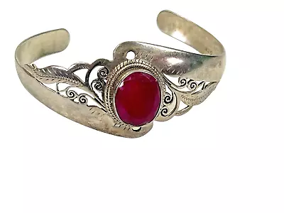 Vtg 925 Sterling Silver Filigree And Ruby Statement Cuff Bracelet 7/8 • $89.95