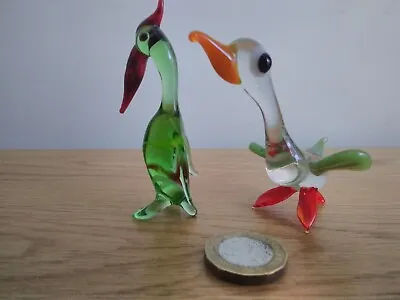VINTAGE MURANO ART GLASS FIGURES 2 X BIRDS  GREEN /RED & CLEAR GLASS  • £9