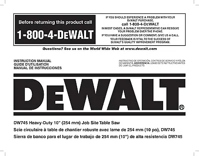 Dewalt Table Saw  Instruction Manual Model #DW745 • $21.08