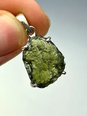 4.08gr MOLDAVITE Genuine Rough  Sterling Silver.925 Prongs Pendant #JM259 • $152.90