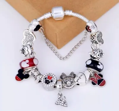 Silver Mickey Minnie Mouse Castle Love Heart Charm Bracelet • $17