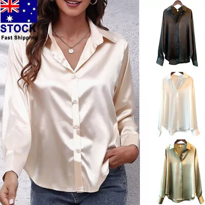 Women Long Sleeve Satin Silk Lapel Shirts Office Ladies OL Button Blouse Tops AU • $20.69